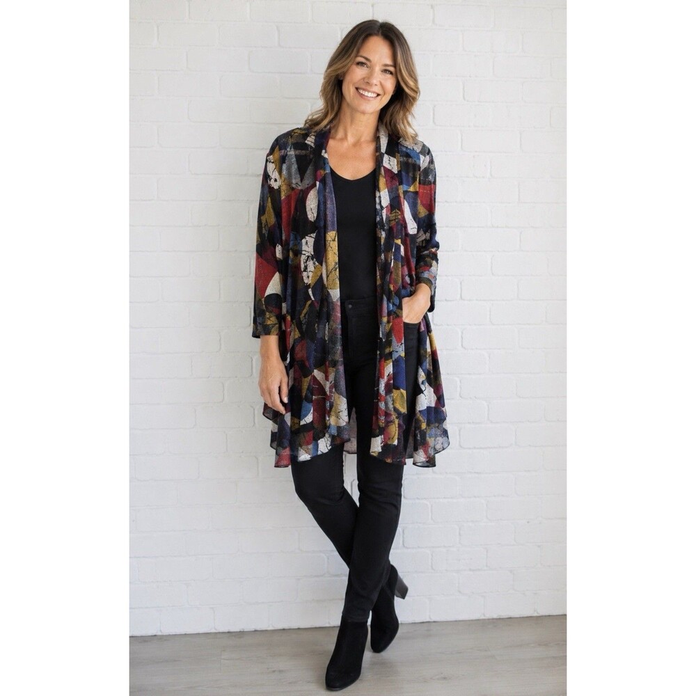 Ali Miles Kimono Womens Large Open Cardigan Mesh Artsy Art to Wear Boho Abstract